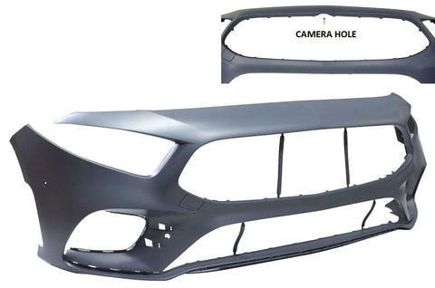 Mercedes A-Class Saloon 2018-2023 Front Bumper With Sensor Holes With Park Assist Holes With Camera Hole (Fits AMG & AMG-Line Models Only) Primed